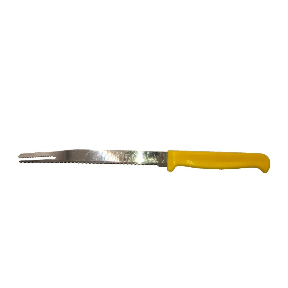 Vintage Quikut USA Serrated Kitchen Utility Knife with Fork Tip - Bright Yellow
